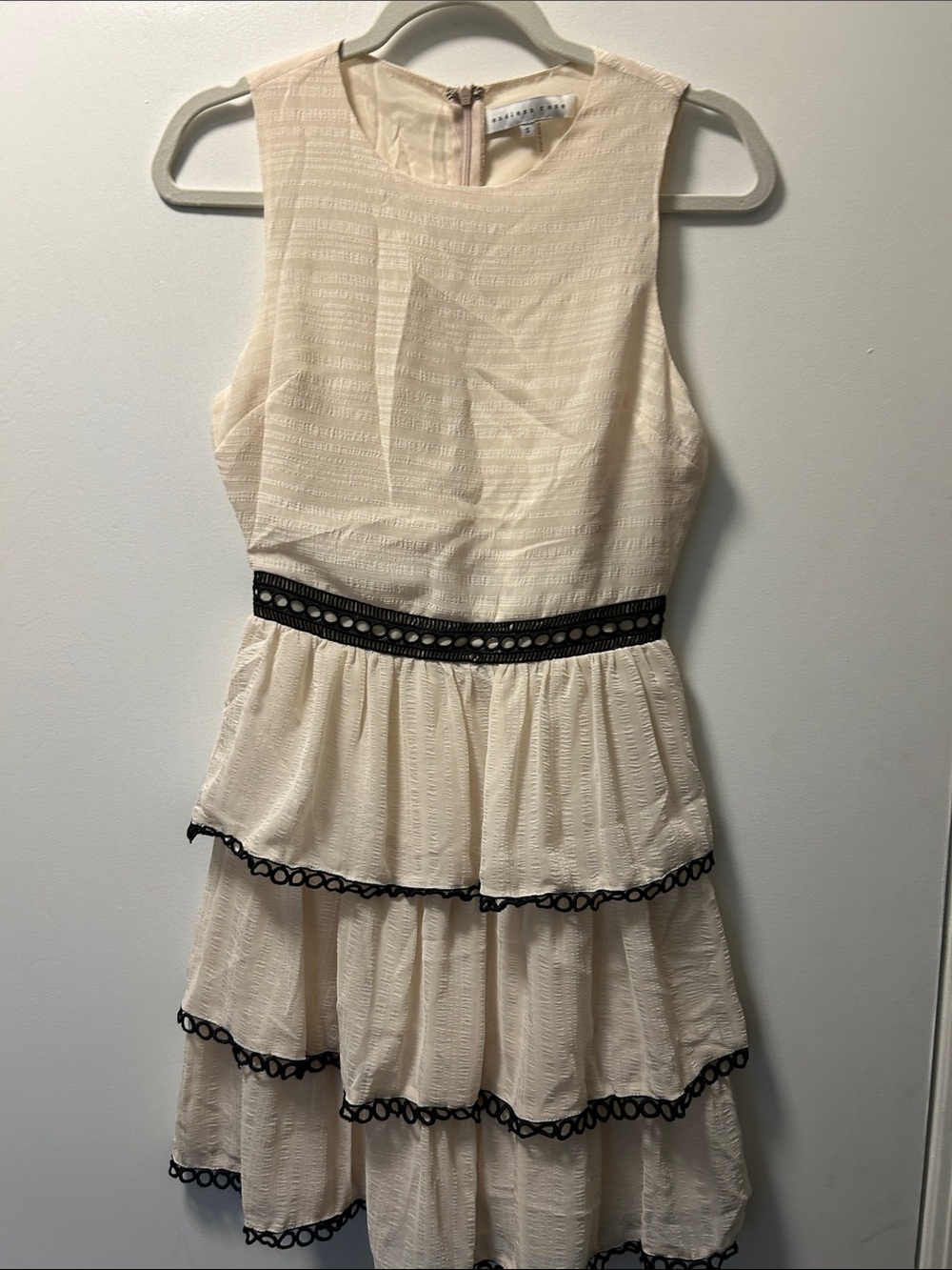 Endless Rose -Size 2  Cream Tiered Dress with Black Trim